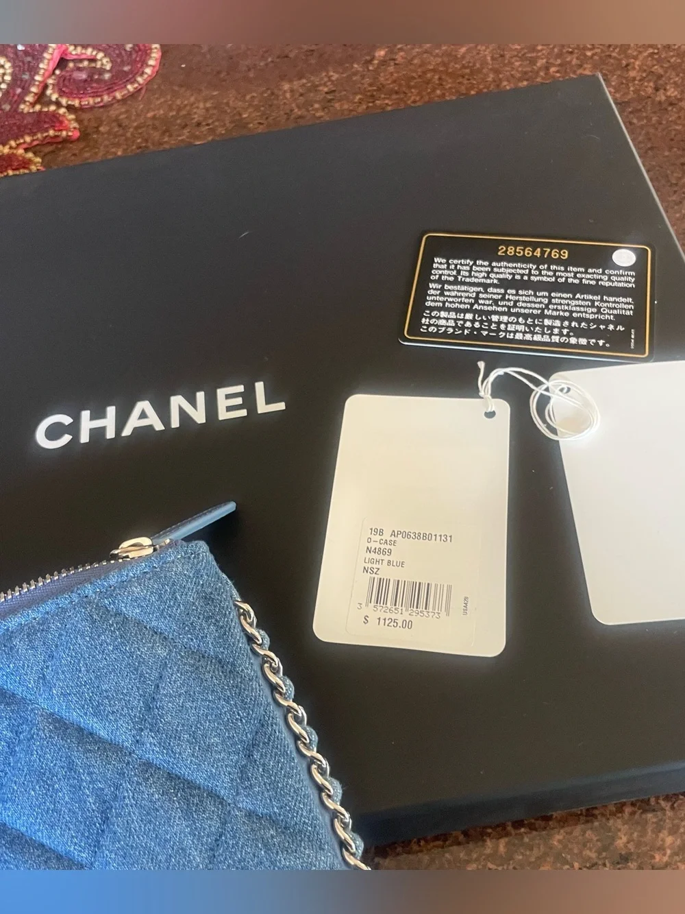 NWT authentic CHANEL Blue Quilted Denim Chain Pouch clutch Silver chain trim  CC